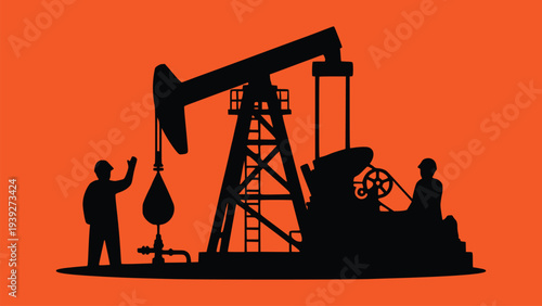 Oil Pumpjack Workers Operating Extraction Equipment Silhouette