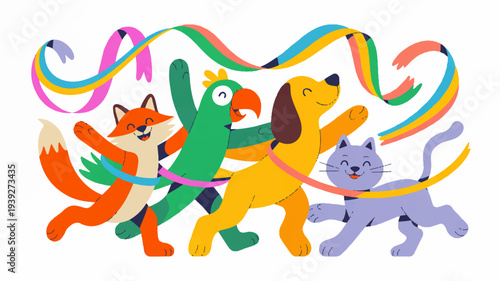 Colorful illustration of a fox parrot dog and cat dancing together with ribbons