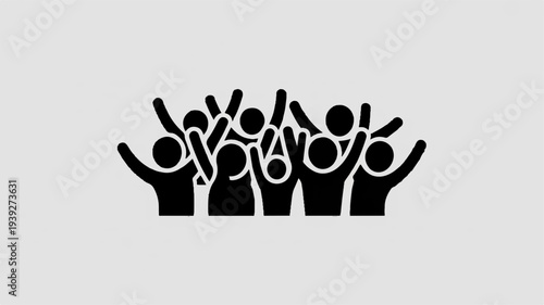 Flat vector illustration of a diverse group of people celebrating with raised hands in triumph and excitement on gray background