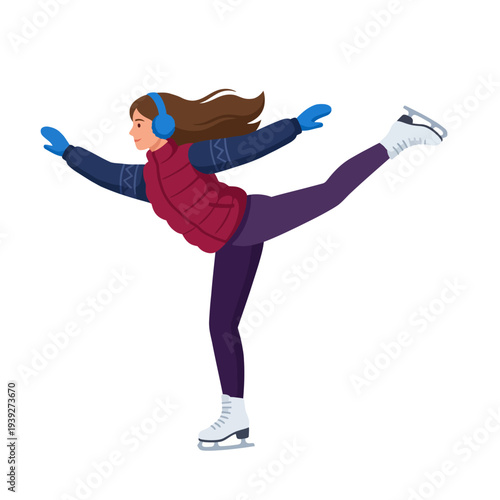 A spirited girl elegantly performs on ice skates, capturing the essence of winter sport and joy, showcasing athleticism and the beauty of movement on ice.