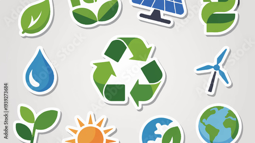 Eco friendly stickers collection for sustainable living and environmental conservation on gray background