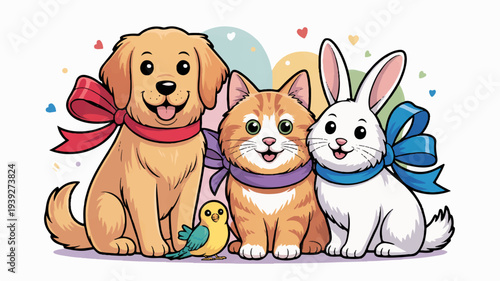 Friendly cartoon dog cat and rabbit with colorful bows and a little bird cheerful vector illustration for kids pets and friendship concepts