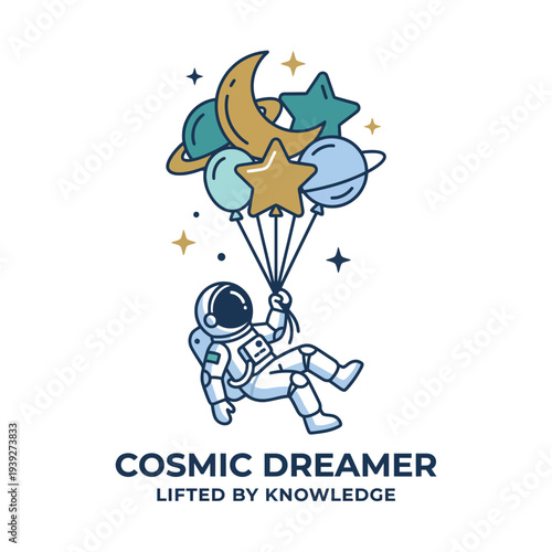 An imaginative logo featuring an astronaut floating with balloons shaped like planets and stars, representing dreams, exploration, knowledge, and limitless possibilities in the universe.