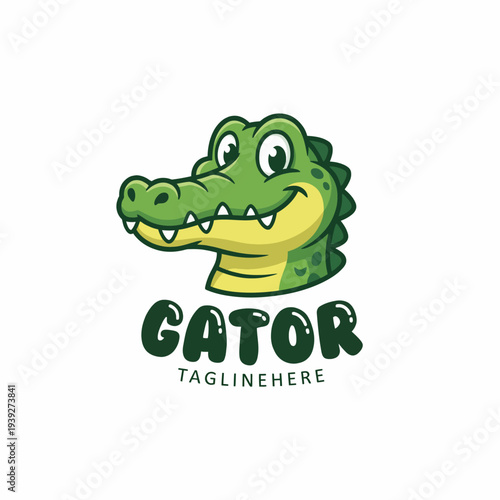 A cheerful alligator cartoon logo design, perfect for a brand targeting children or family-friendly products, conveying friendliness, fun, and approachability in a playful manner.