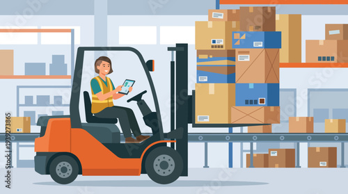 This illustration showcases a worker operating a forklift amidst stacks of boxes, representing logistics and efficient warehouse management in a vibrant business setting.