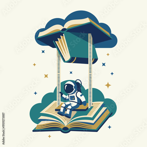 A whimsical artistic depiction of an astronaut swinging on an open book, symbolizing exploration, discovery, and the beauty of imagination and knowledge.
