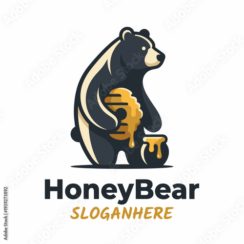 A cute logo depicting a bear holding a honey jar and dipper, perfect for a honey-related brand, evoking feelings of warmth, sweetness, and nature's bounty.
