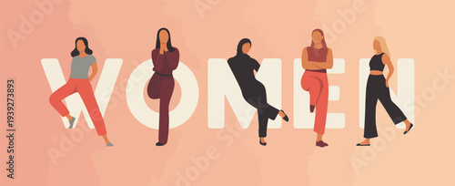 Diverse Women Standing on Text Gradient Background