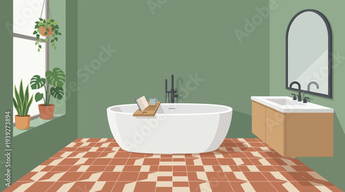 This attractive bathroom design features a spacious tub, elegant fixtures, and a calming green color scheme, creating a serene and stylish atmosphere for relaxation.