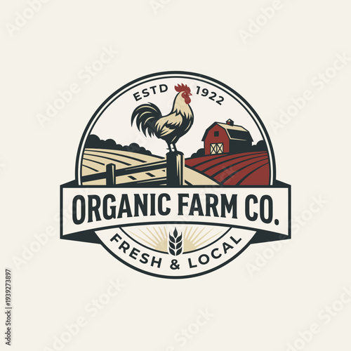 The logo features a rooster atop a farmhouse, signifying organic and local produce, encapsulating sustainability and traditional farming in a charming vintage style.