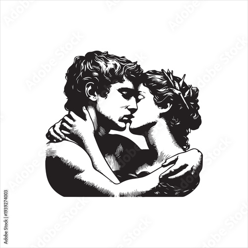 A black and white vector illustration of a man and woman embracing, with the man's arm around her shoulders and her hand on his cheek, against a plain background.