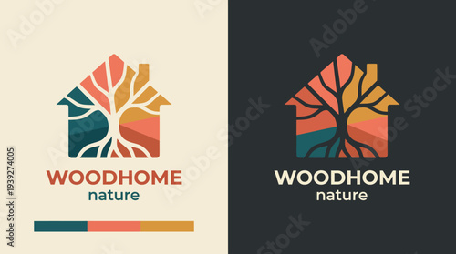A modern logo representing a house intertwined with tree roots, symbolizing nature and sustainability, perfect for eco-friendly brands or real estate.