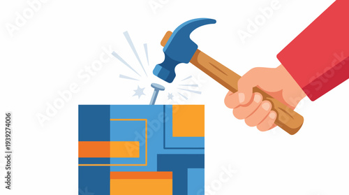 An illustration showing a hand striking a nail into vivid geometric shapes, representing creation and construction in an artistic style.