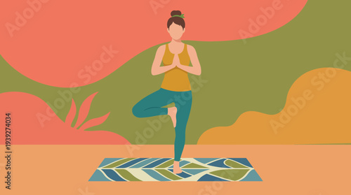 A woman is practicing yoga in a meditative pose on a leaf-patterned mat, showcasing balance and tranquility against a soft, colorful background. Ideal for wellness themes.