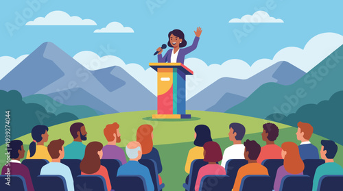 A confident female speaker addresses a crowd on an outdoor stage surrounded by mountains, encouraging engagement and connection with the audience. Perfect for inspirational themes.