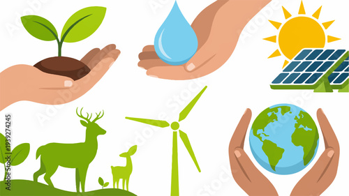 Eco friendly symbols with hands holding earth water plant and solar panel representing sustainable living and renewable energy sources