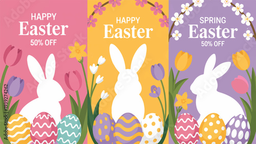 Easter bunny posters with colorful eggs and flowers happy easter sale 50 off spring holiday decoration