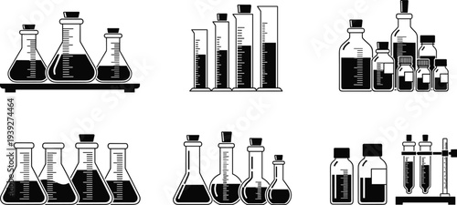 Collection of chemical laboratory glassware icons featuring beakers graduated cylinders test tubes and flasks for scientific research experiments and medical chemistry education