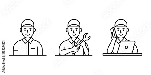Three line art illustrations of people in different professions and activities Vector
