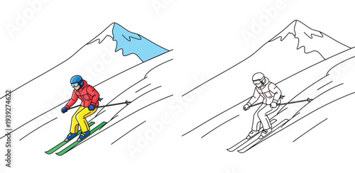 Winter sport vector illustration of a skier sliding down a snowy mountain. Features both full-color design and black-and-white line art outline perfect for coloring book pages.