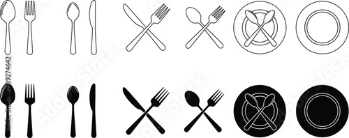 Set of restaurant cutlery icons including spoon fork knife and plate in outline and solid black style for dining menu design