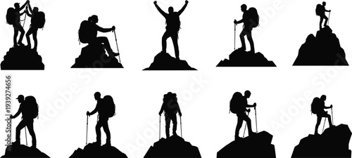 Set of mountain hiker silhouettes featuring backpackers climbing peaks with trekking poles for outdoor adventure travel camping and hiking sport lifestyle design