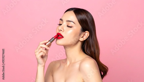Woman with bare shoulders applies vibrant red lipstick, eyes closed, on a pink background