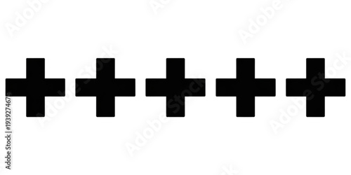 A series of five black plus symbols aligned horizontally on a white background Vector