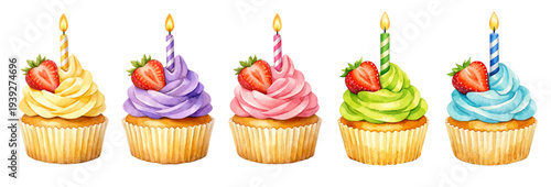 A charming watercolor collection of happy anniversary cupcakes with colorful frosting, candles, and strawberries for celebration dessert illustrations and party design.