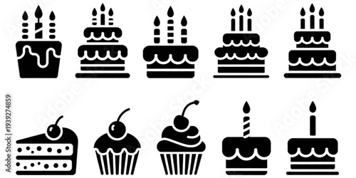 Assorted cakes and desserts with candles and toppings in a variety of styles and designs Vector