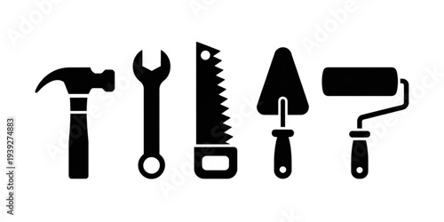 A collection of various tools including a hammer, wrench, saw, pliers, screwdriver, and paint roller Vector