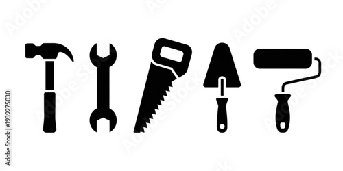 A collection of various tools including a hammer, wrench, saw, trowel, and paint roller. Vector