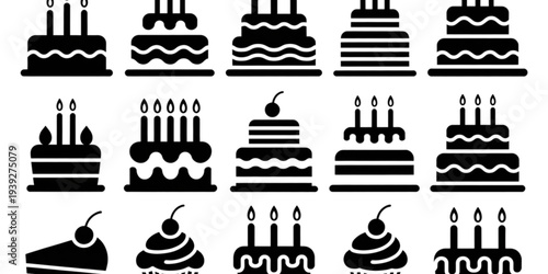 Assorted cakes and pastries displayed in a grid pattern with various toppings and designs. Vector