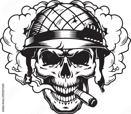 PrintMilitary Skull with Helmet, Cigarette and Smoke – Vintage War Tattoo Style Illustration