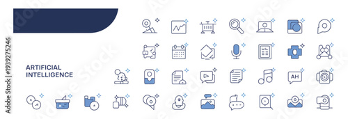 Artificial intelligence and digital tools line icons for communication, data, and innovation.