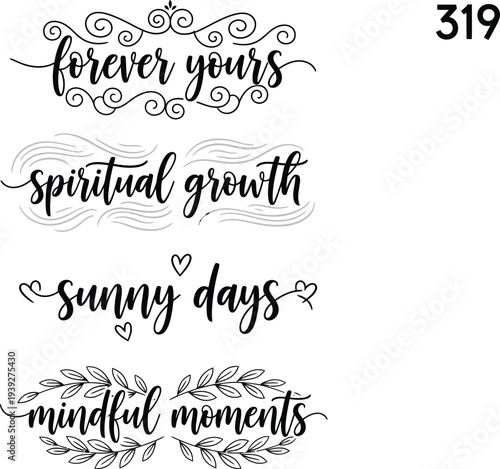 Four elegant calligraphy phrases on a white background with decorative elements