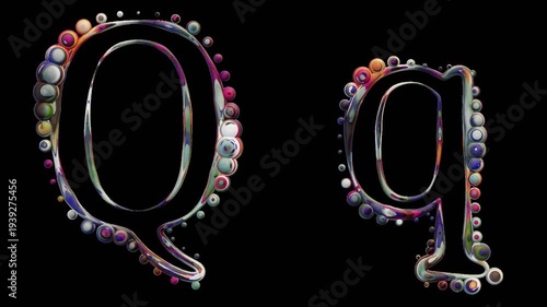 Modern alphabetic letter with spheres – Q q - transparent background , loopable, colorful