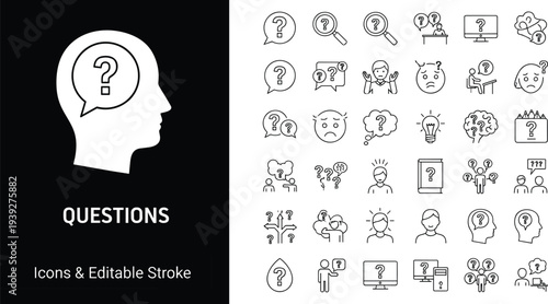 Question Mark Icon Set, Thinking Human Head Symbols, Problem Solving and FAQ Vector Illustration, Doubt Confusion Search Elements, CAD Drawing