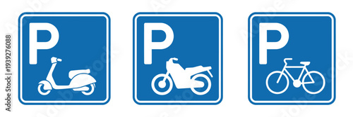 Blue parking signs with white icons for scooter motorcycle and bicycle parking only