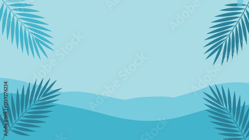 Tropical palm leaves on blue background with wavy lines  summer vacation template