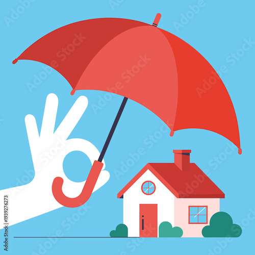 Hand holding red umbrella over small house with green bushes on blue background