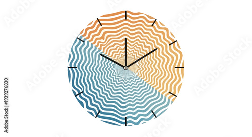 Abstract Clock Face with Swirling Orange and Blue Waves, Time Concept