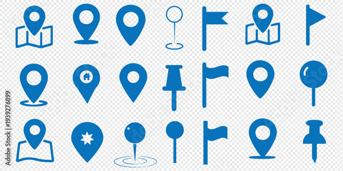 Location, map, and pin icon collection. GPS, place, markers, pin pointing, position, and navigation icons set. Vector illustration transparent background