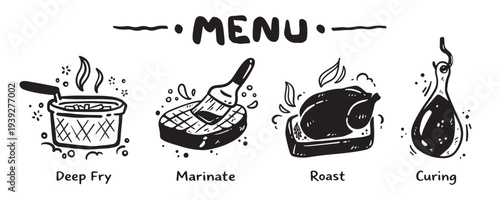Menu icon set for food categories, hand drawn, vector illustration.
(Deep Fry, Marinate, Curing, Roast)