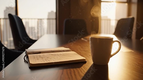 Warmly lit conference room with steaming mug on polished wooden table