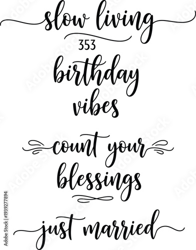 Handwritten phrases on a white background representing various life events and sentiments