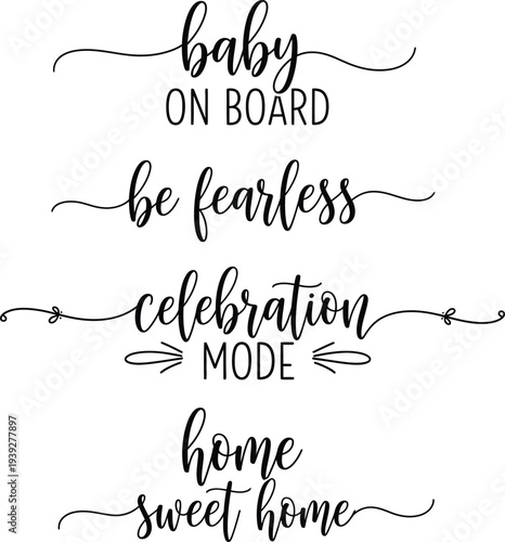 Set of inspirational and celebratory phrases in elegant script font.