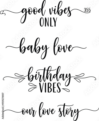 Four stylish phrases written in elegant cursive script on a white background