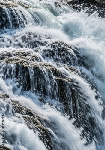 Turbulent clear water rushes over dark, textured rocks creating white spray.