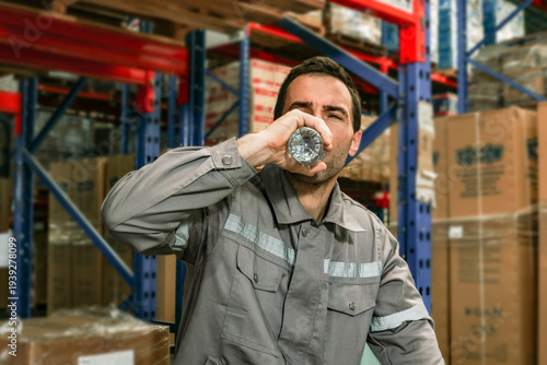 Male warehouse worker walks frequently thirsty holds water bottle drink when he is thirsty during hot and humid weather in the warehouse building wants drink water keep himself healthy and refreshed.